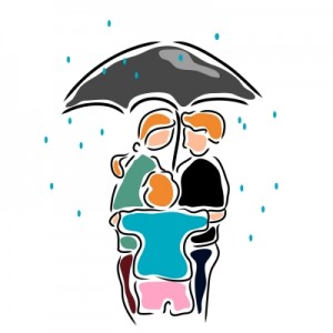 Family Hugging Under Umbrella by kjnnt